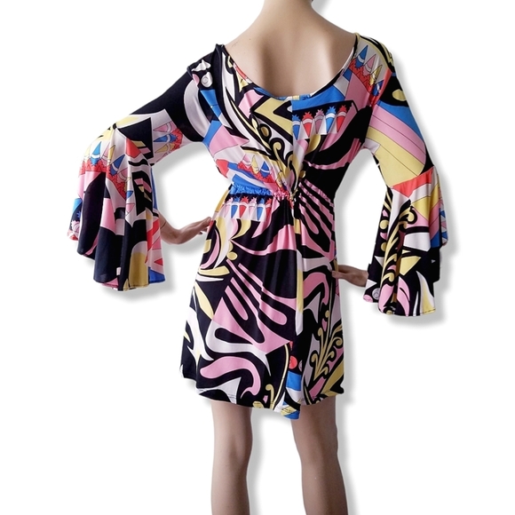 Black, Pink, Yellow & Blue Retro Mod Inspired Bell Sleeve Tie Waist Dress - Picture 7 of 8